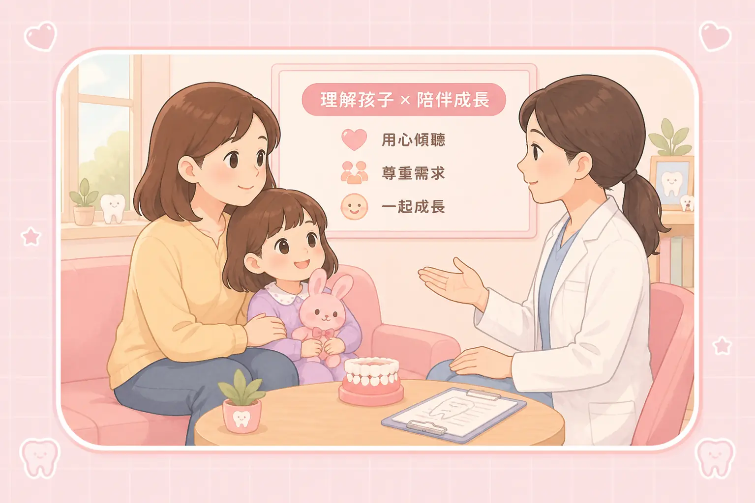 兒童牙科醫師與家長、孩子溝通照護需求的插畫
