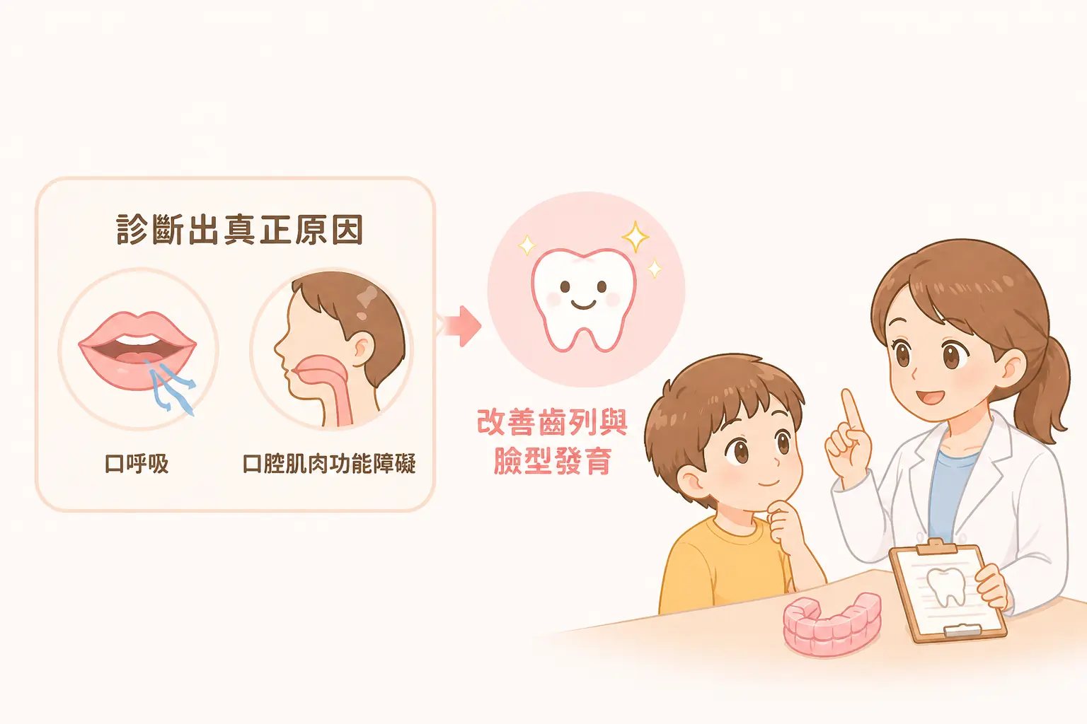 醫師向孩子說明口呼吸與口腔肌肉功能障礙的插畫