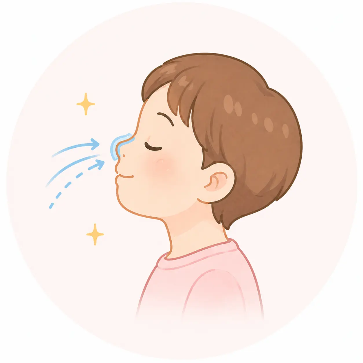 孩子閉嘴用鼻子呼吸的示意插畫，說明肌功能矯正的呼吸練習