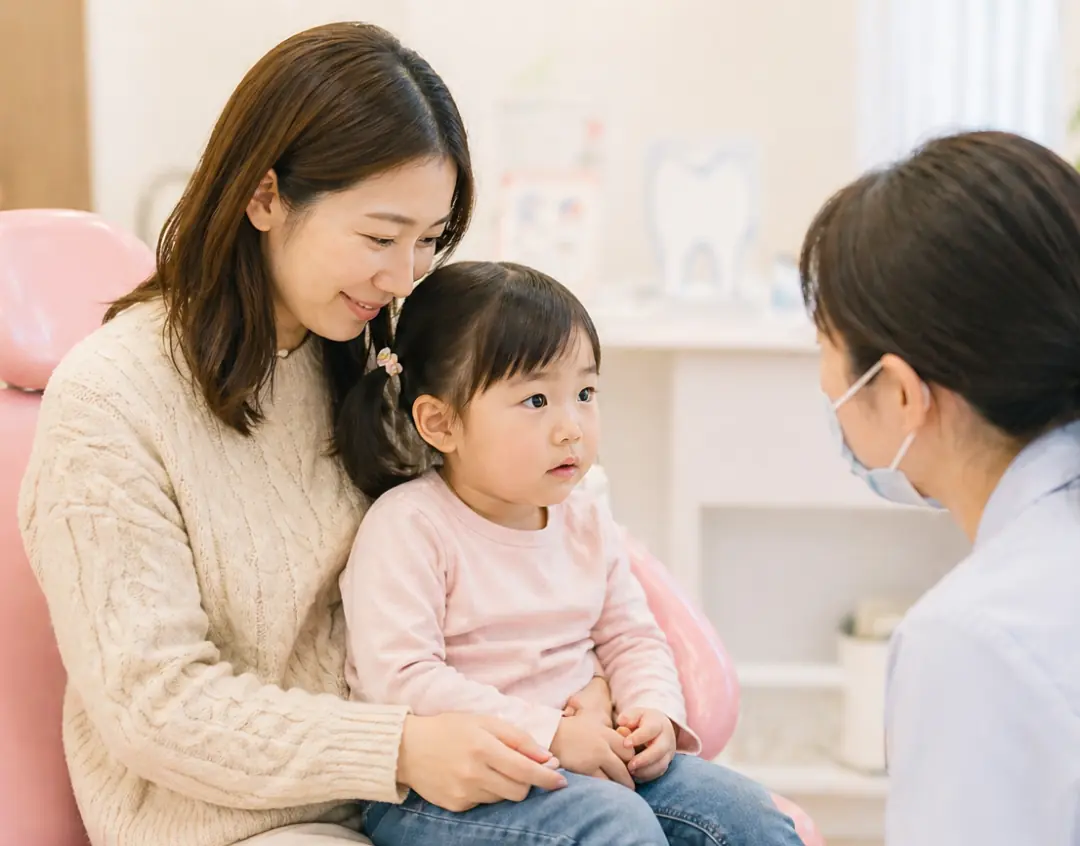 媽媽抱著幼兒坐在診療椅上,與兒童牙科醫師溝通的情境照