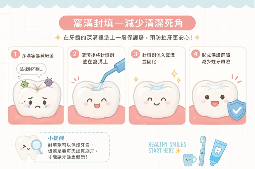 窩溝封填步驟圖:封填劑塗在臼齒深溝,固化後形成保護層