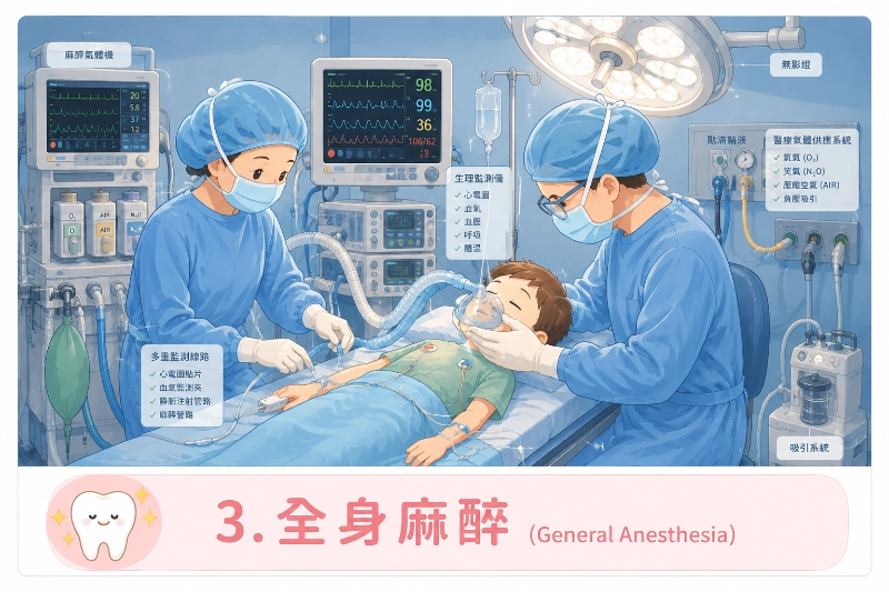 全身麻醉示意插畫:麻醉團隊在監測設備旁照護孩子