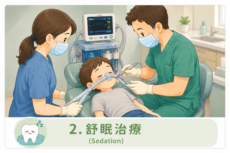 舒眠治療示意插畫:孩子戴鼻罩,在生理監測下接受牙科治療