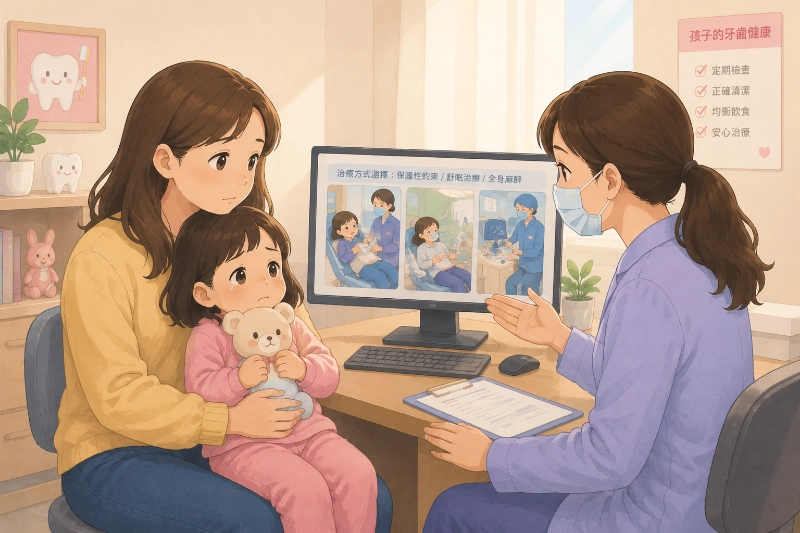 家長帶孩子與醫師討論保護性約束、舒眠治療與全身麻醉的插畫