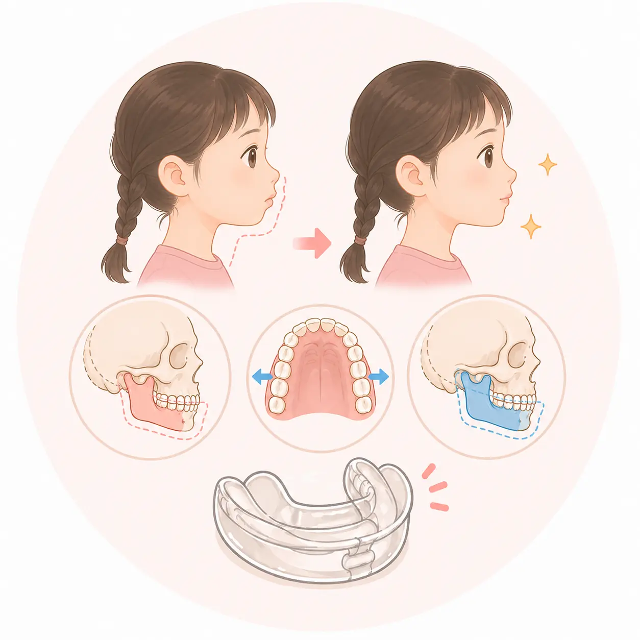 早期矯正衛教插畫:側臉輪廓、顎骨發育與肌功能矯正器