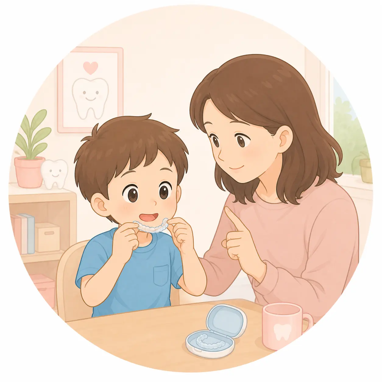 媽媽陪孩子練習配戴活動式矯正裝置的插畫