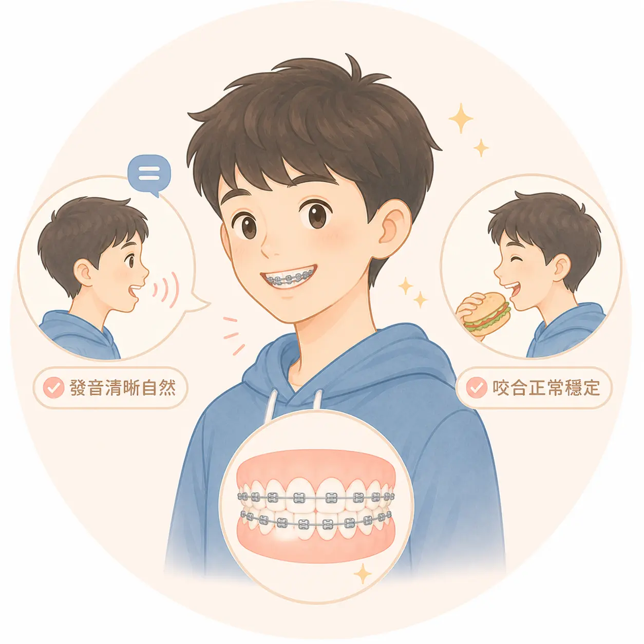青少年配戴傳統矯正器說話與咀嚼的日常插畫