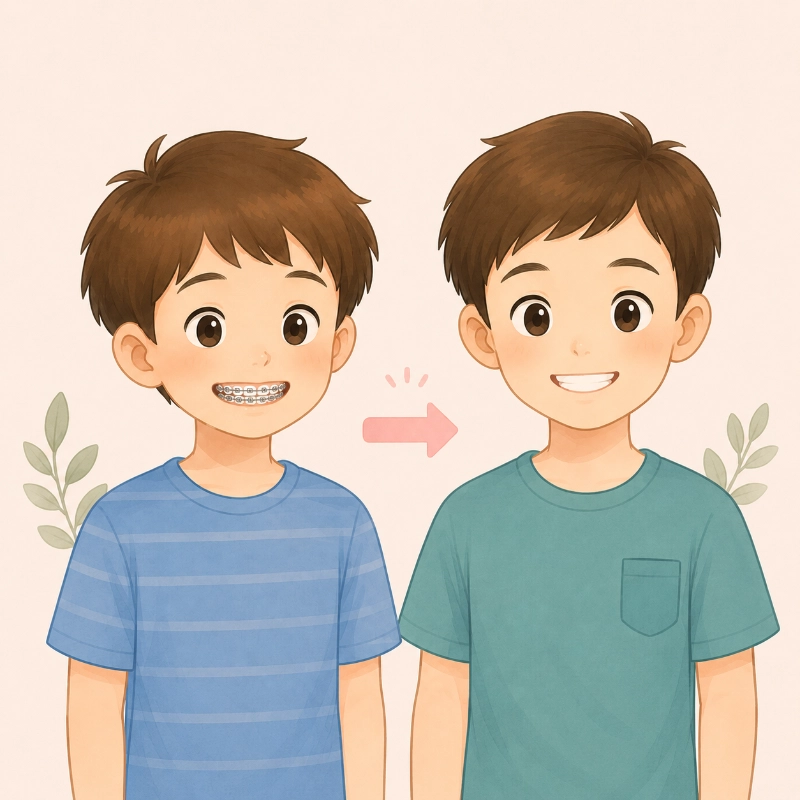 孩子配戴傳統矯正器到拆除牙套後的齒列示意插畫