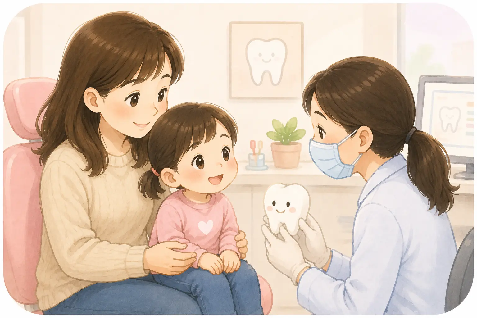 醫師拿牙齒模型向家長和孩子說明的插畫