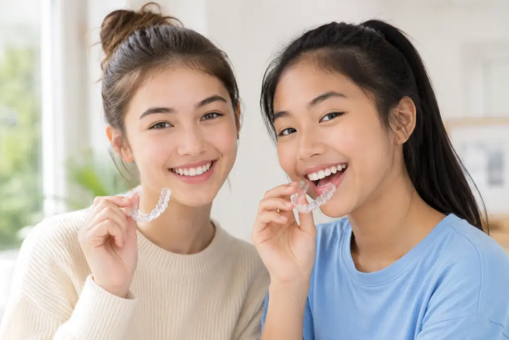 兩位青少年拿著隱形矯正透明牙套的示意圖