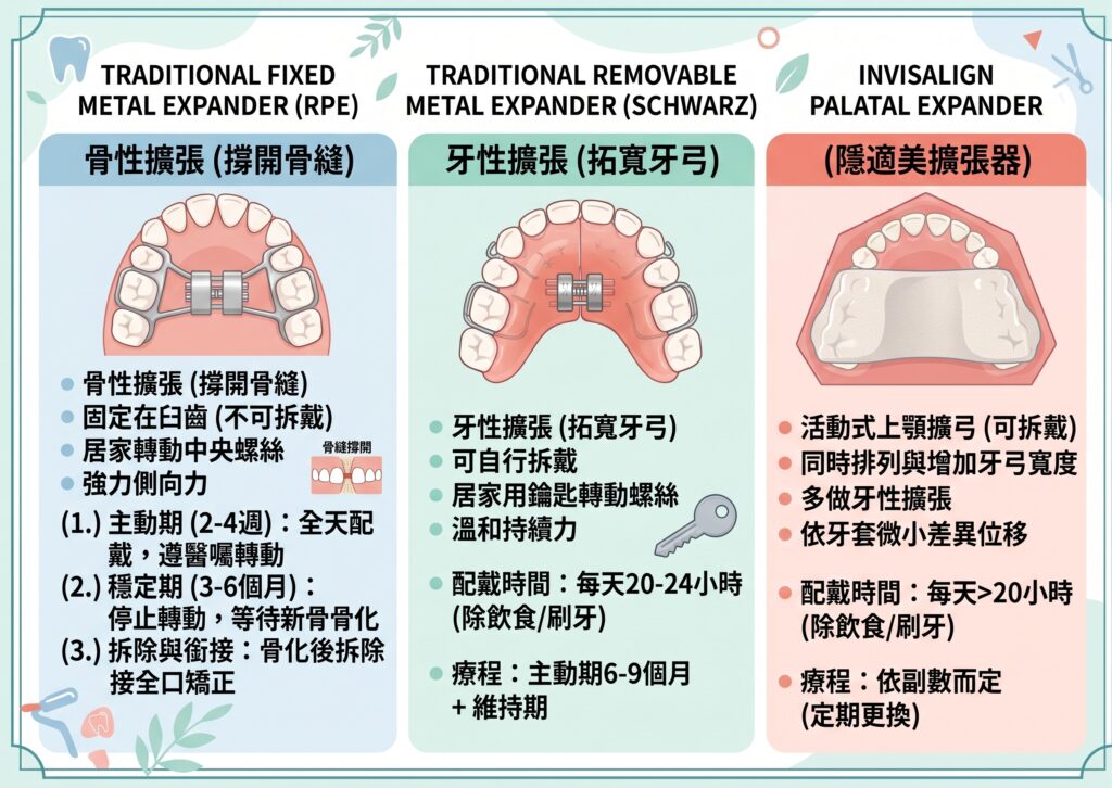 三種擴弓器比較：固定式骨性擴張、活動式牙性擴張與隱適美擴弓器