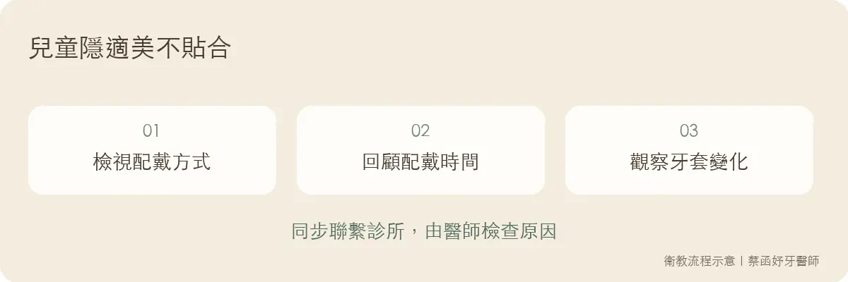 兒童隱適美不貼合時，檢視配戴方式、時間及牙套變化，同時聯繫診所。