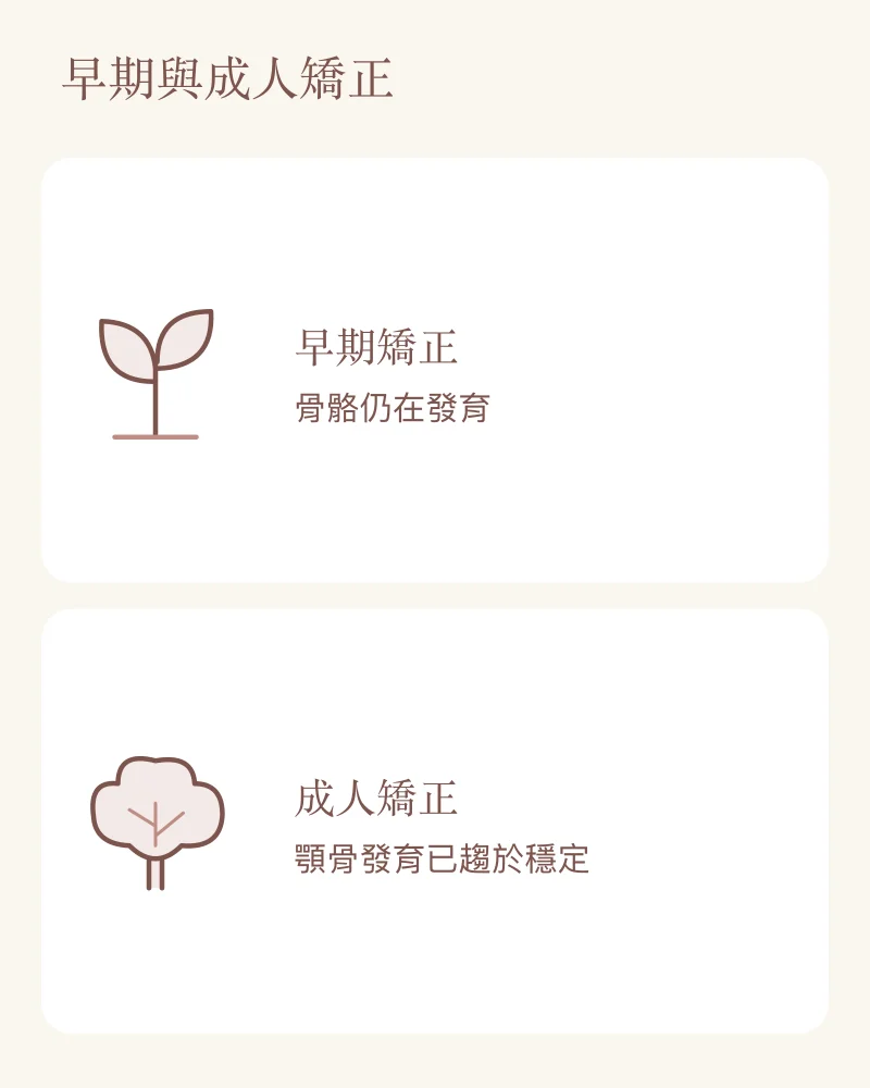 早期矯正與成人矯正的評估差異:骨骼仍在發育與顎骨發育已趨於穩定。