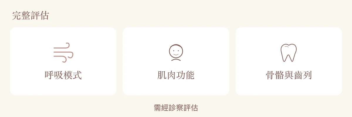 兒童肌功能矯正評估面向：呼吸模式、肌肉功能、骨骼與齒列，需經診察評估。