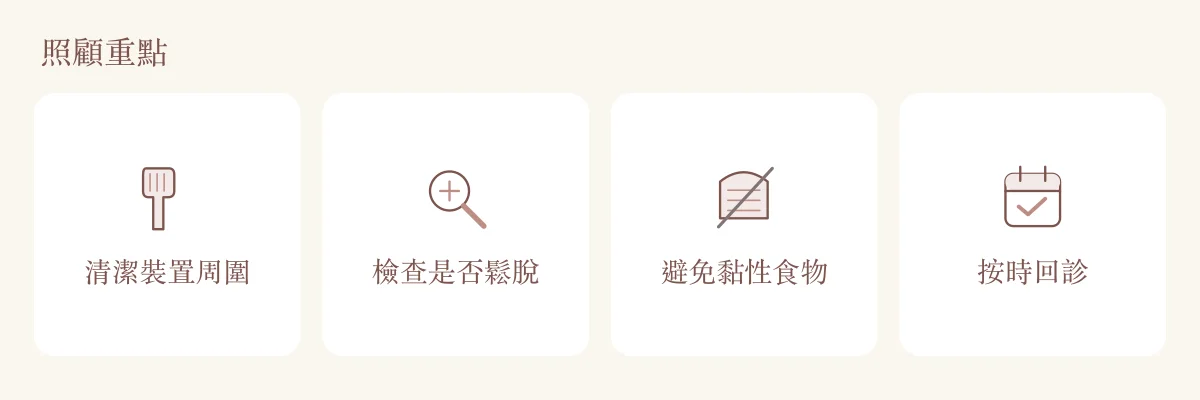 兒童牙弓擴張照顧重點：清潔裝置周圍、檢查鬆脫、避免黏性食物與按時回診。