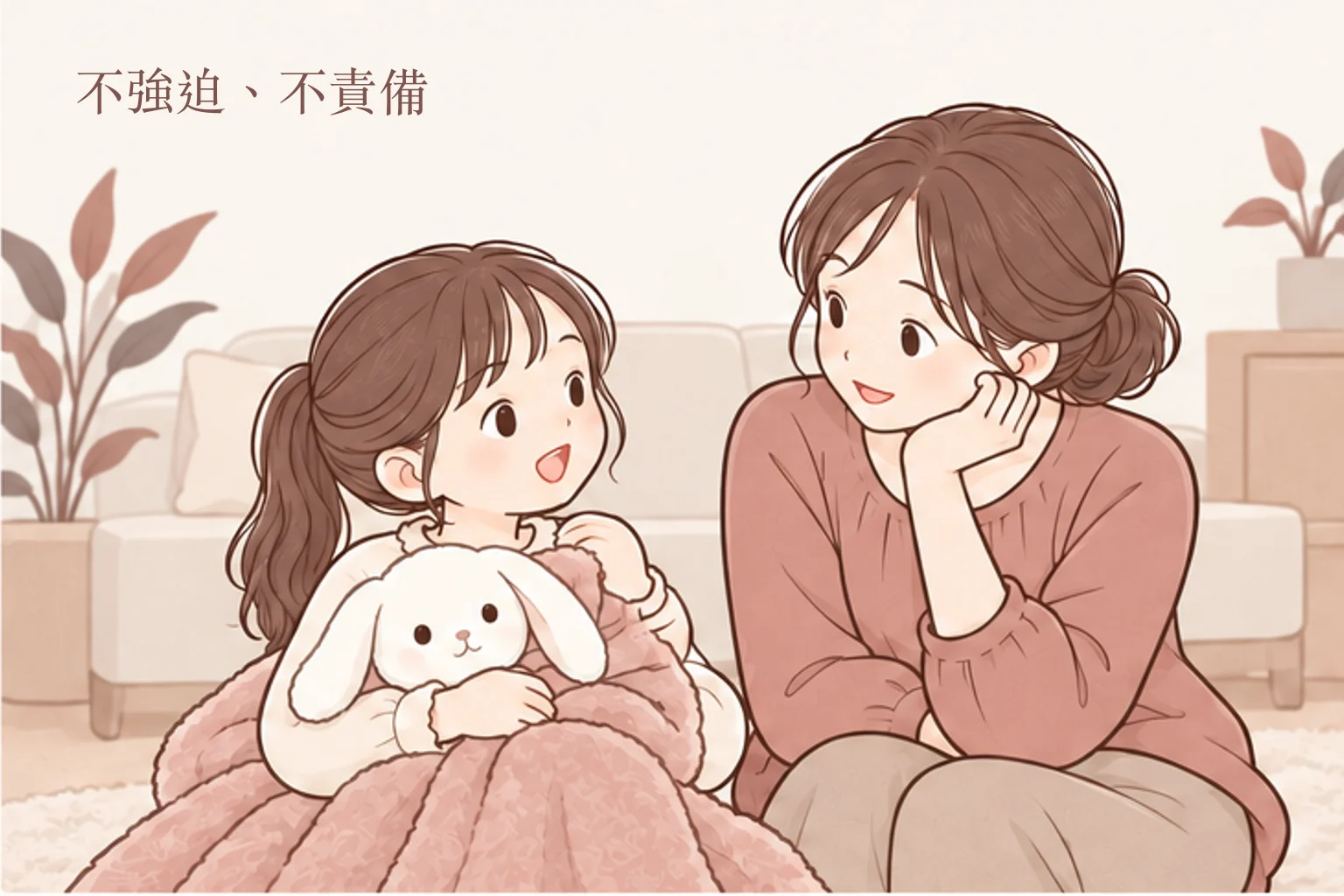 兒童口腔習慣陪伴情境：家長在孩子的高度傾聽，以安撫物陪伴，不強迫、不責備。