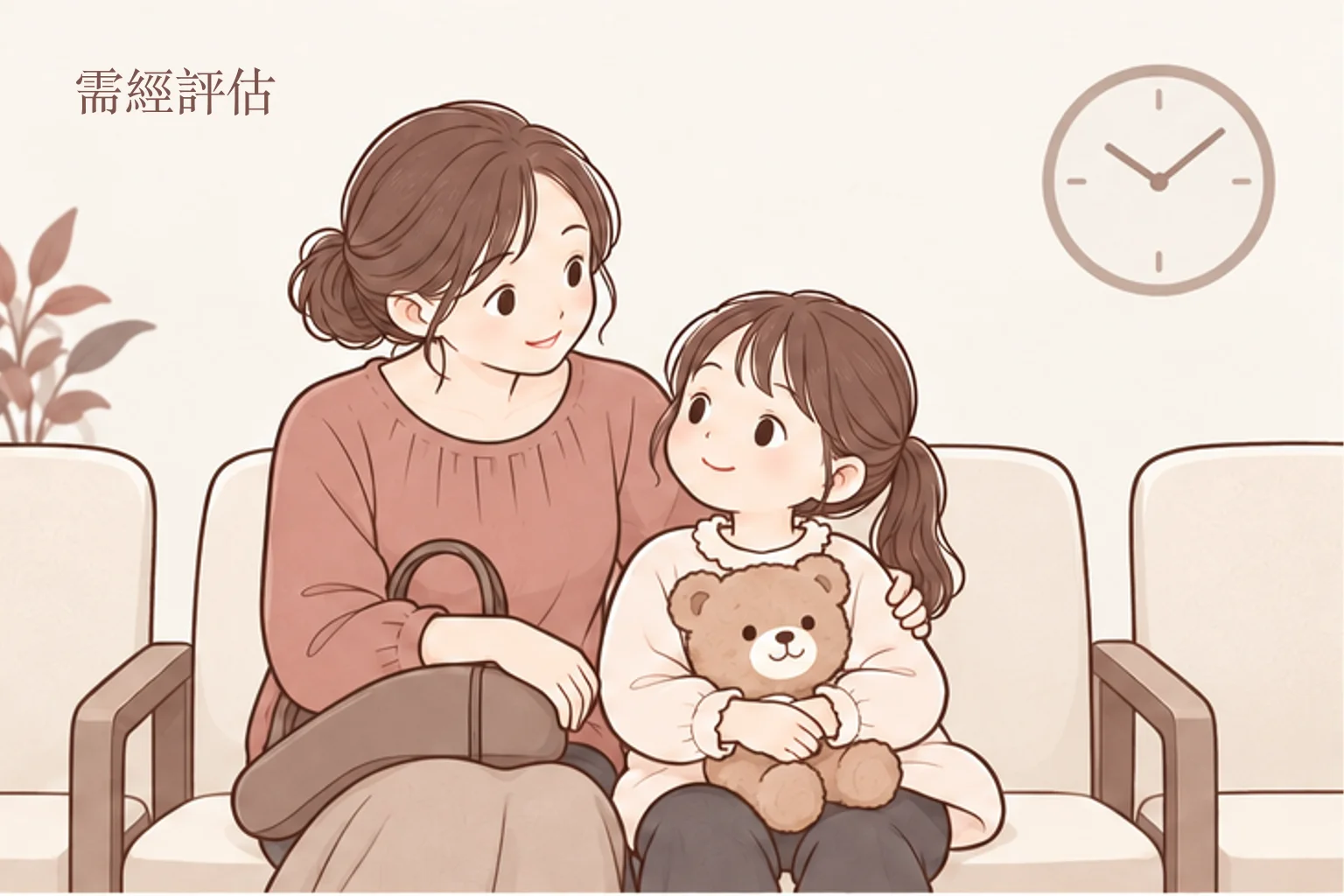 兒童舒眠治療評估前的親子候診插畫:孩子清醒坐著,家長在旁陪伴。
