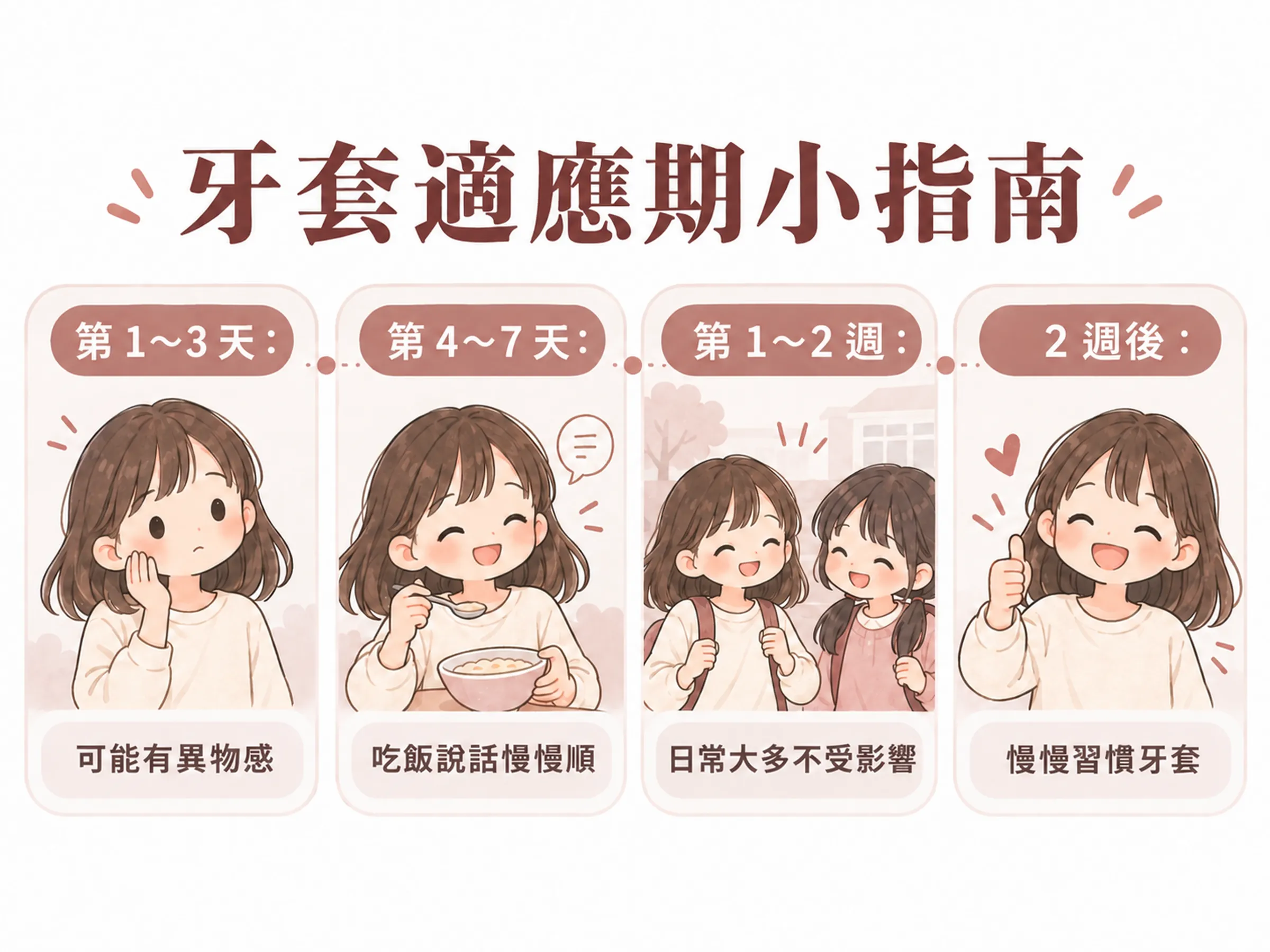 2 by 4 牙套適應期小指南:女孩從摸臉頰、吃軟食,到在學校與朋友互動及開心比讚的四格插畫