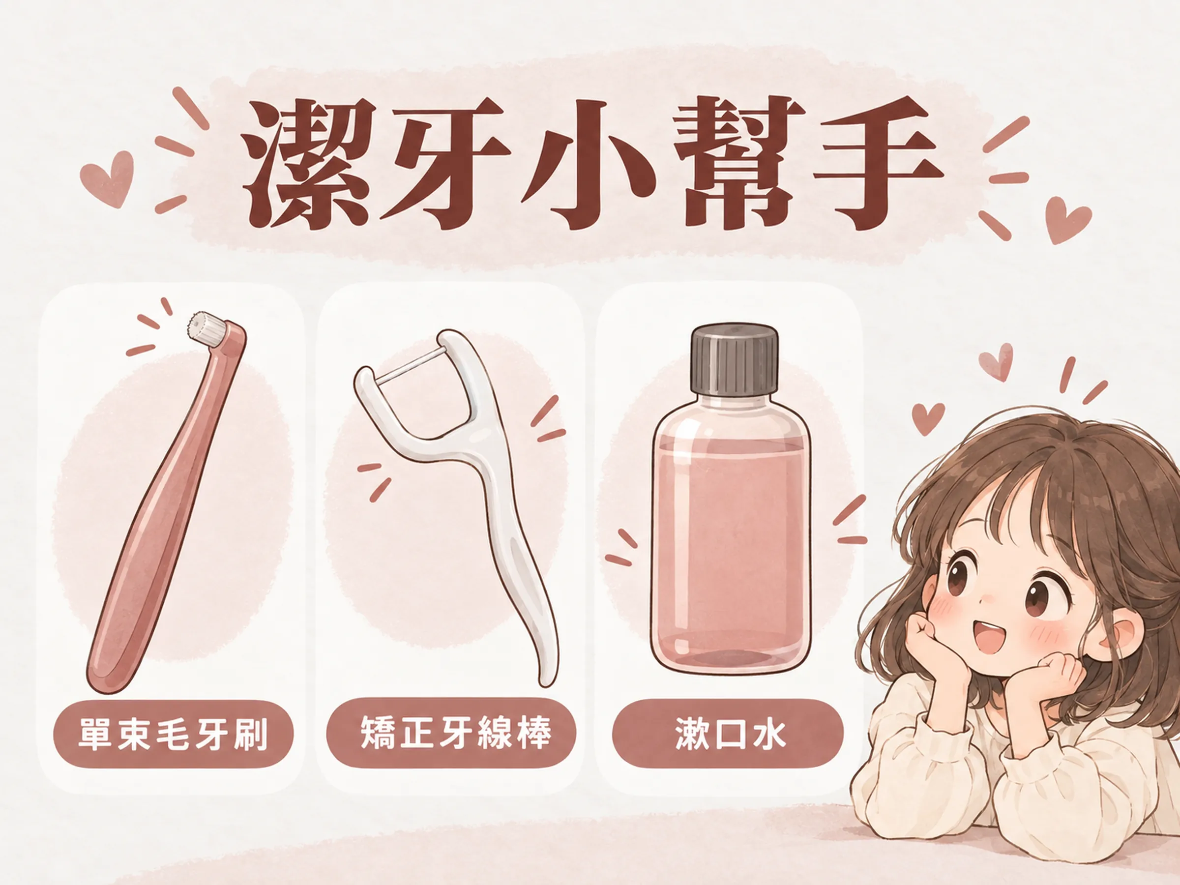2 by 4 潔牙工具插畫:單束毛牙刷、矯正牙線棒與漱口水並排,女孩在旁好奇觀察