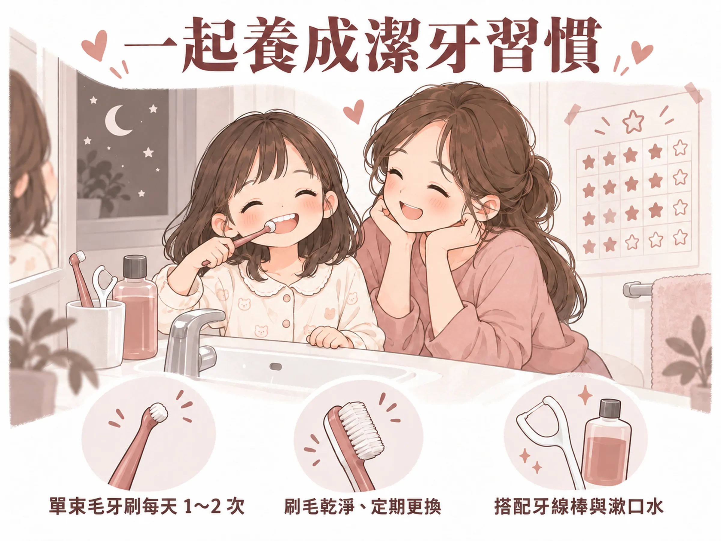 2 by 4 日常潔牙插畫:女孩睡前在洗手台前使用單束毛牙刷,媽媽在旁微笑陪伴,牆上有星星貼紙表