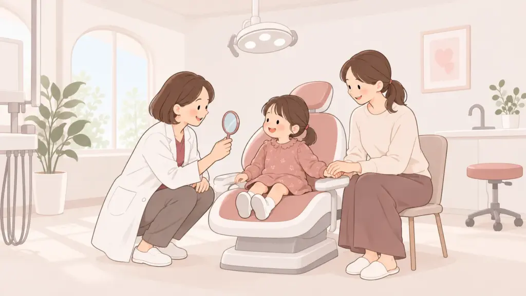 醫師蹲低與孩子平視，用小鏡子說明看牙步驟，家長在旁陪伴的插畫