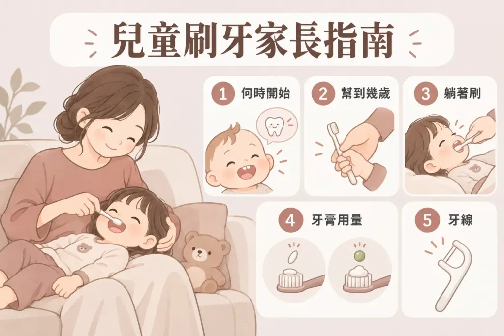 兒童刷牙家長指南插畫:孩子躺在家長腿上刷牙,以及開始刷牙時機、家長協助、躺著刷、牙膏用量與牙線五個重點