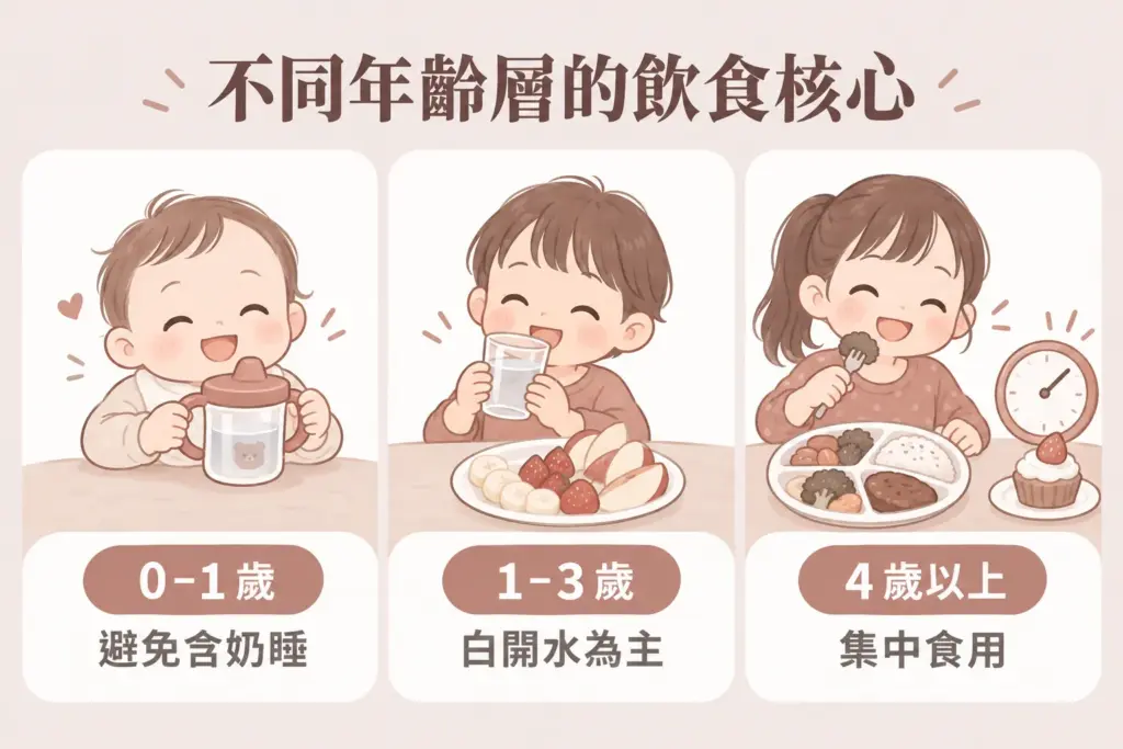 不同年齡層的飲食核心插畫:0 到 1 歲避免含奶睡、1 到 3 歲以白開水為主、4 歲以上甜點集中在正餐後食用