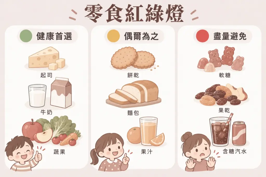 零食紅綠燈插畫:綠燈起司牛奶蔬果、黃燈餅乾麵包果汁、紅燈軟糖果乾與含糖汽水