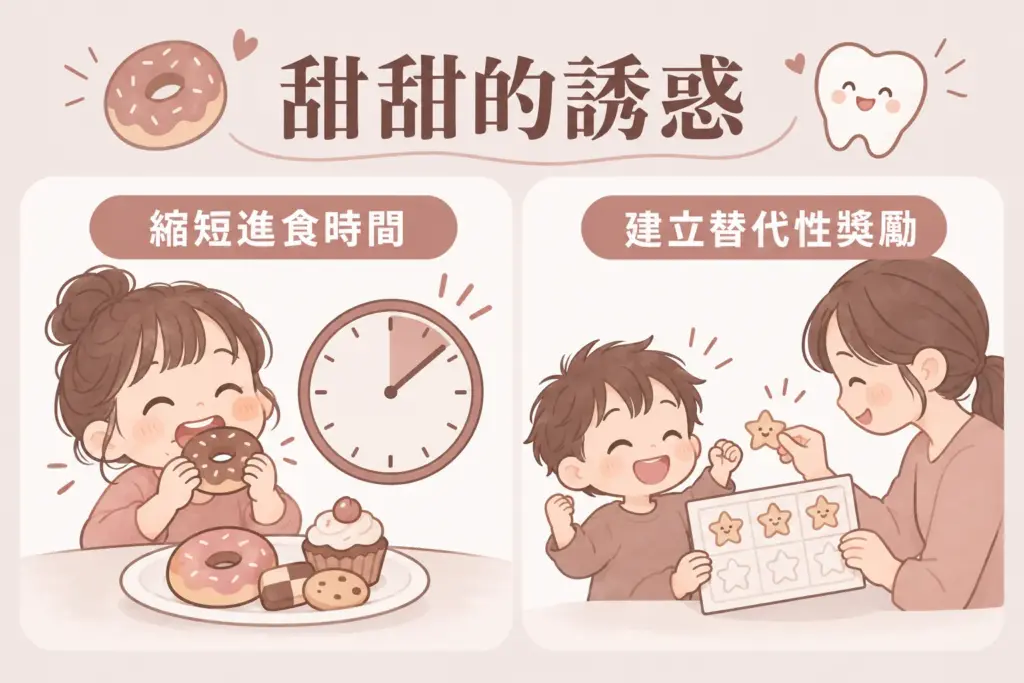 甜甜的誘惑插畫:縮短進食時間與建立替代性獎勵兩個陪孩子吃甜食的方法