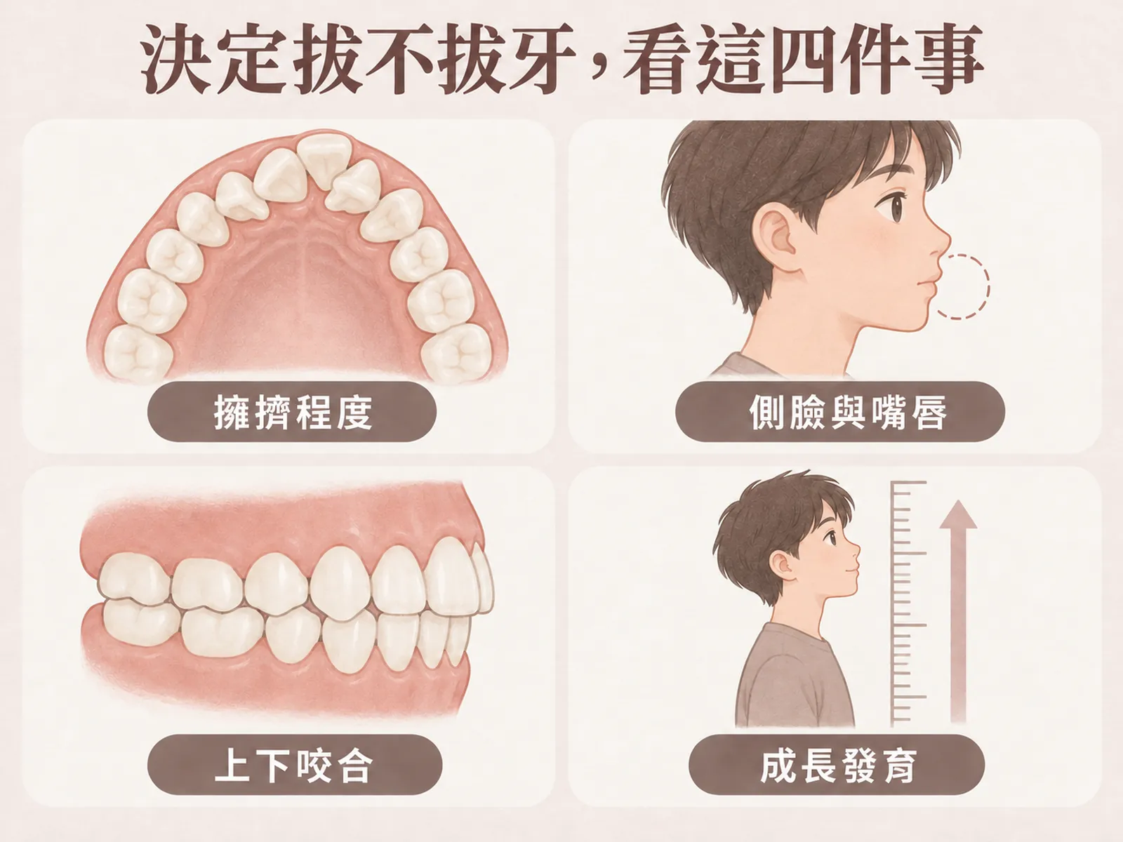 矯正拔牙評估四個面向示意：牙齒擁擠程度、側臉與嘴唇、上下咬合、成長發育