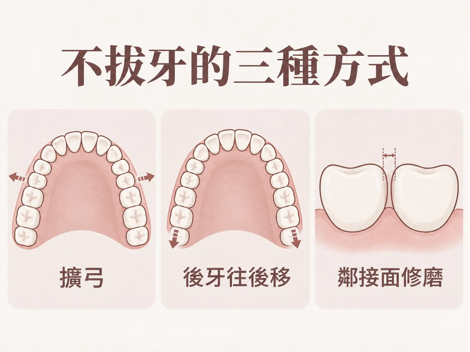 不拔牙矯正創造空間的三種方式示意：擴弓、後牙往後移動、鄰接面修磨