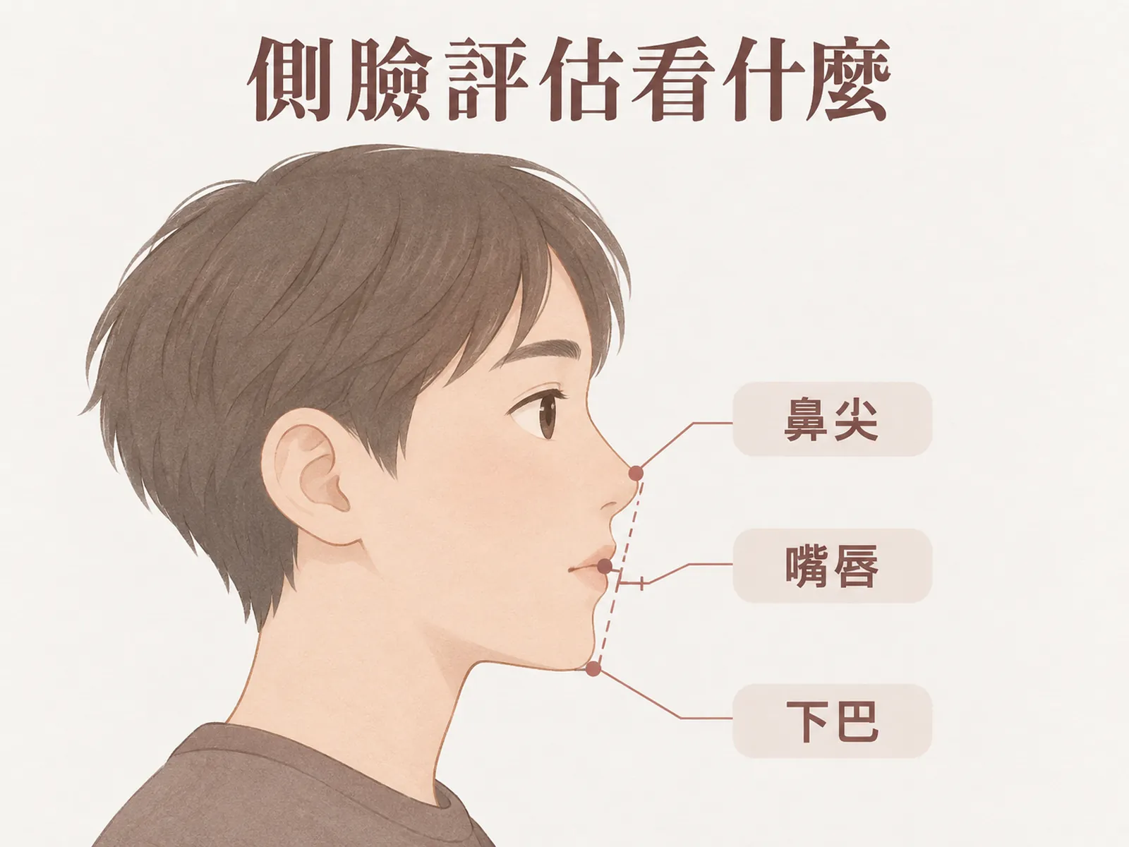 側臉評估示意：觀察嘴唇與鼻尖、下巴連線的相對位置