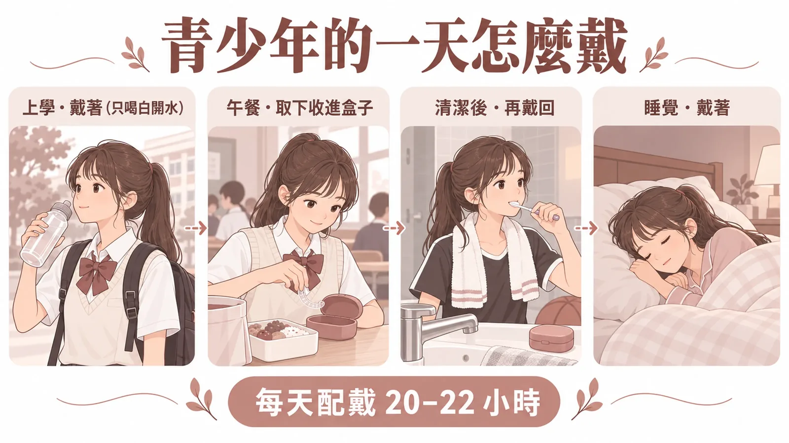 青少年隱適美一天配戴示意：上學戴著、午餐取下收進牙套盒、清潔後再戴回、睡覺戴著