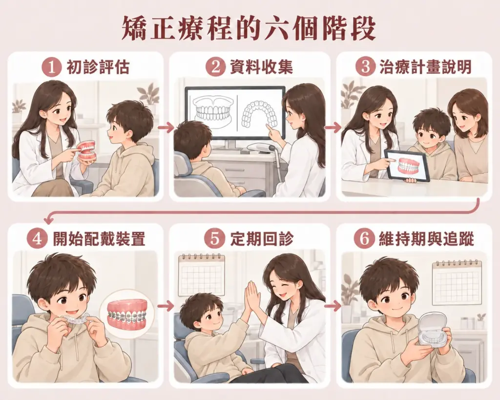 矯正療程六個階段插畫:初診評估、資料收集、治療計畫說明、開始配戴裝置、定期回診、維持期與追蹤