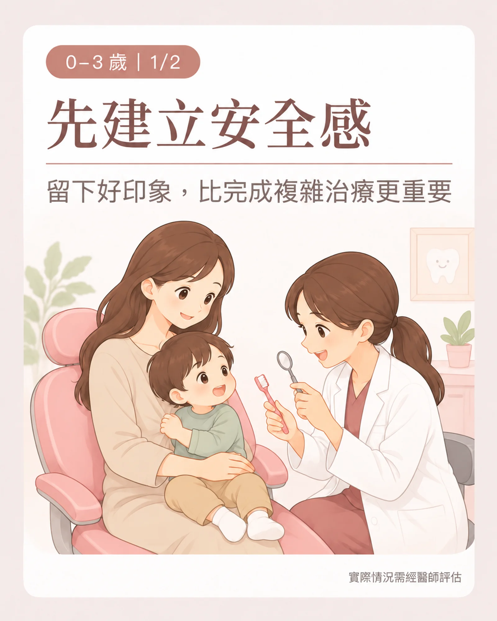0–3 歲看牙重點:媽媽抱著孩子坐在診療椅上,醫師拿牙刷和口鏡溫柔說明的插畫
