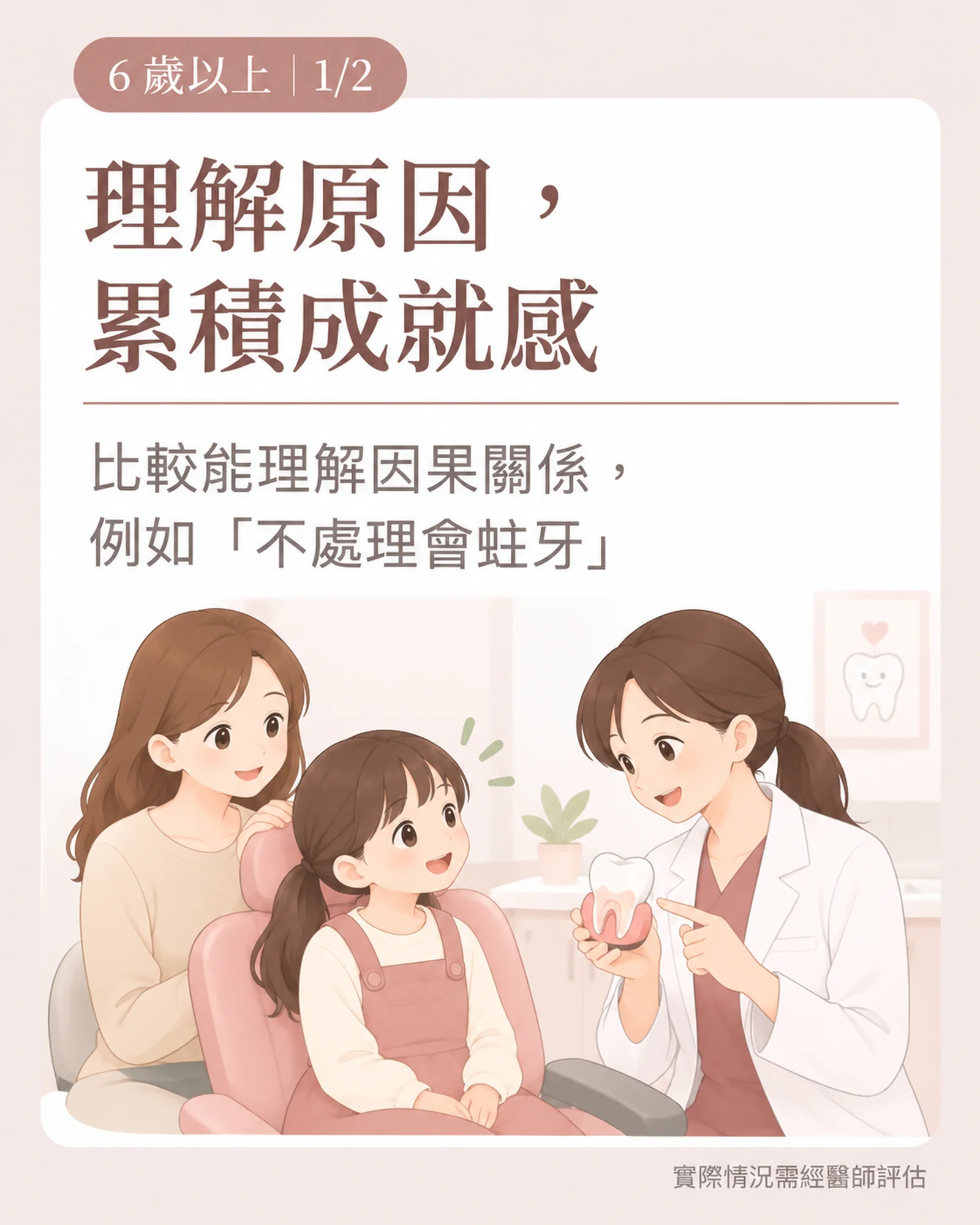 6 歲以上看牙重點:醫師拿牙齒模型向孩子說明原因,孩子認真聆聽的插畫