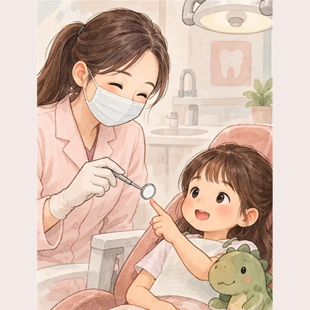 醫師先在孩子手指上示範小鏡子的插畫