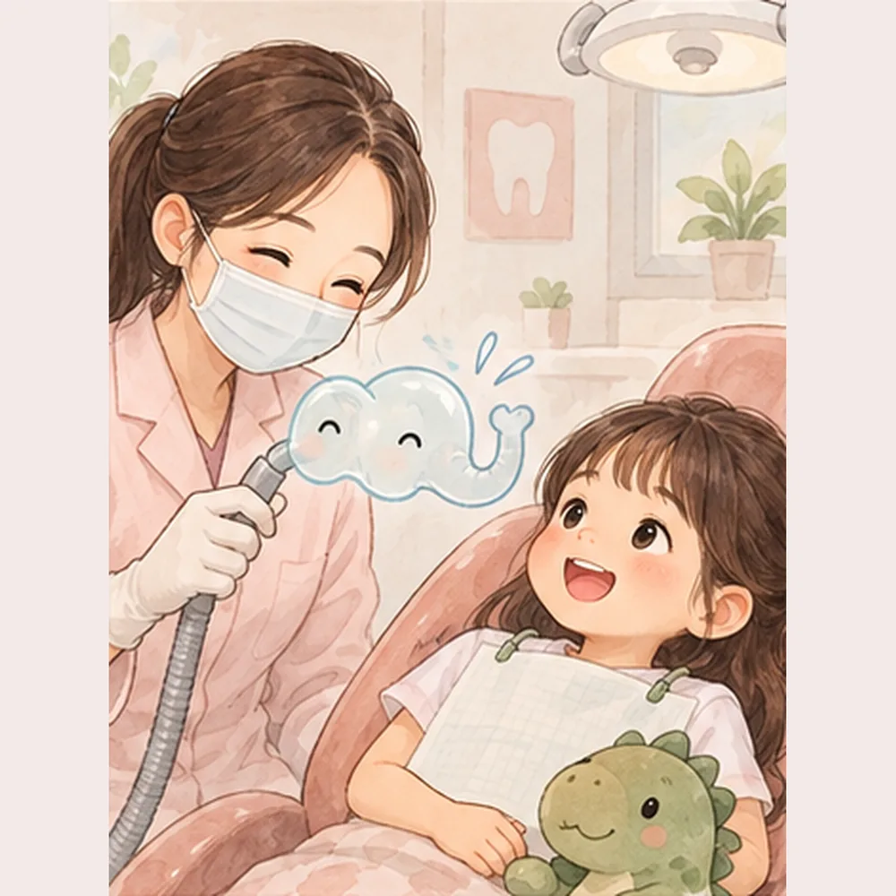 醫師把吸唾管比喻成大象鼻子的插畫