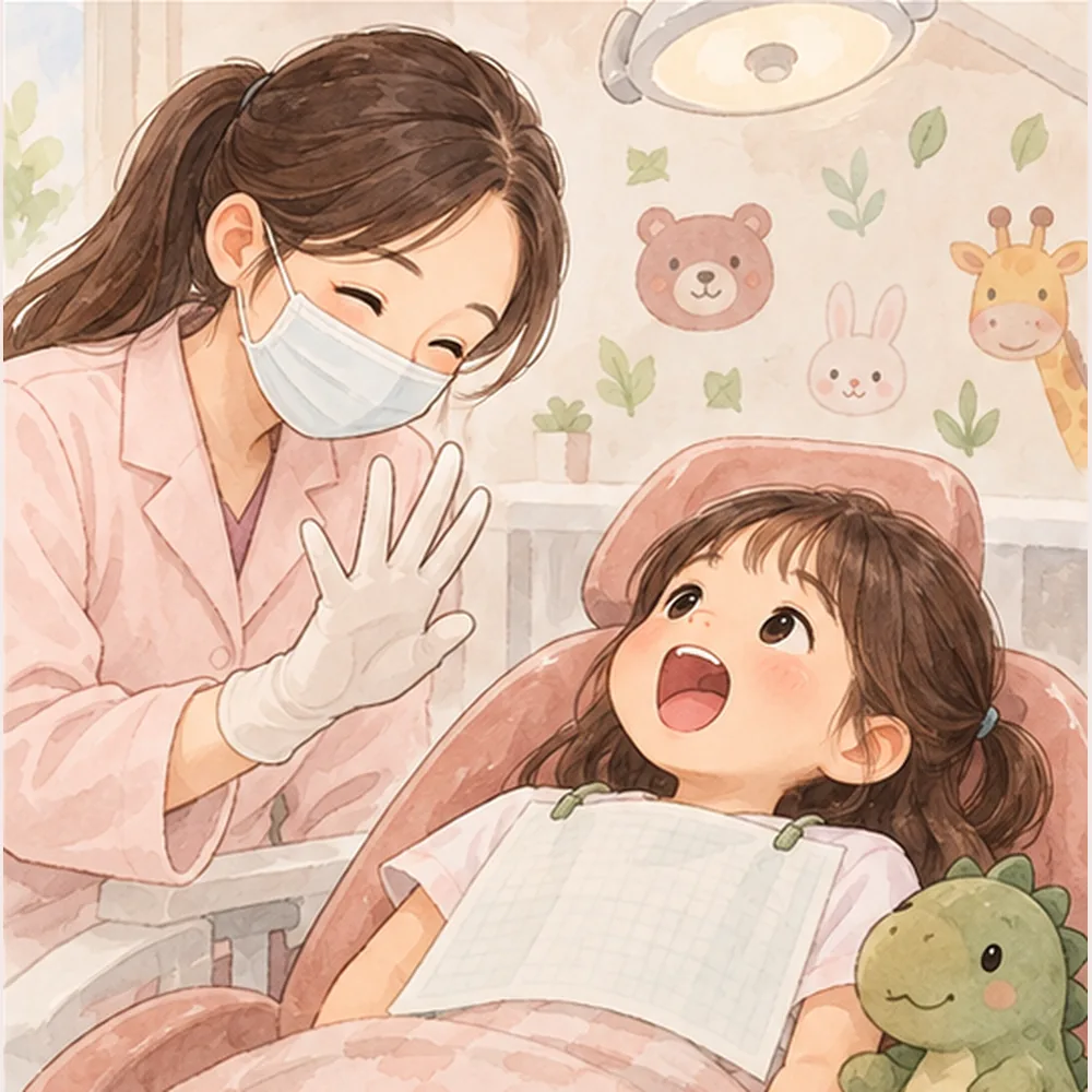 醫師邊數數邊陪孩子看牙的插畫