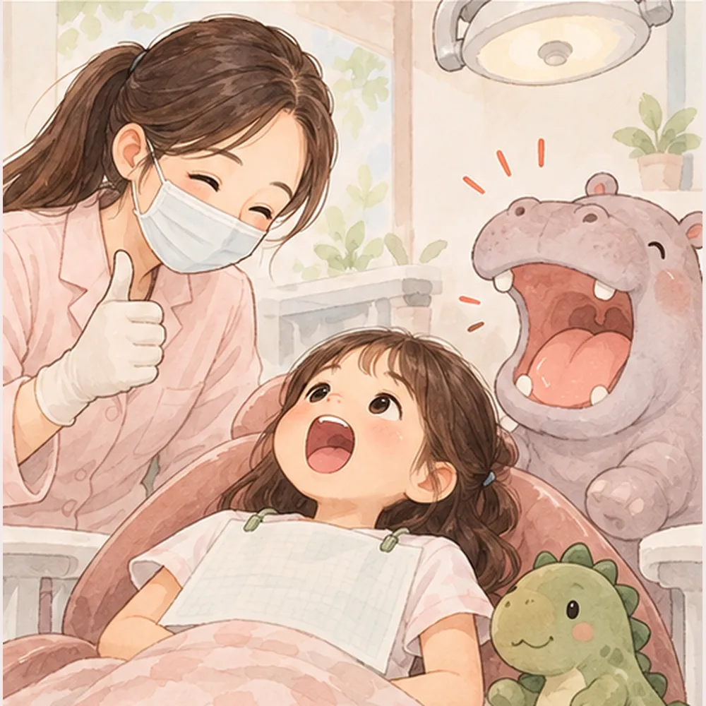 孩子把嘴巴張大,醫師具體稱讚的插畫