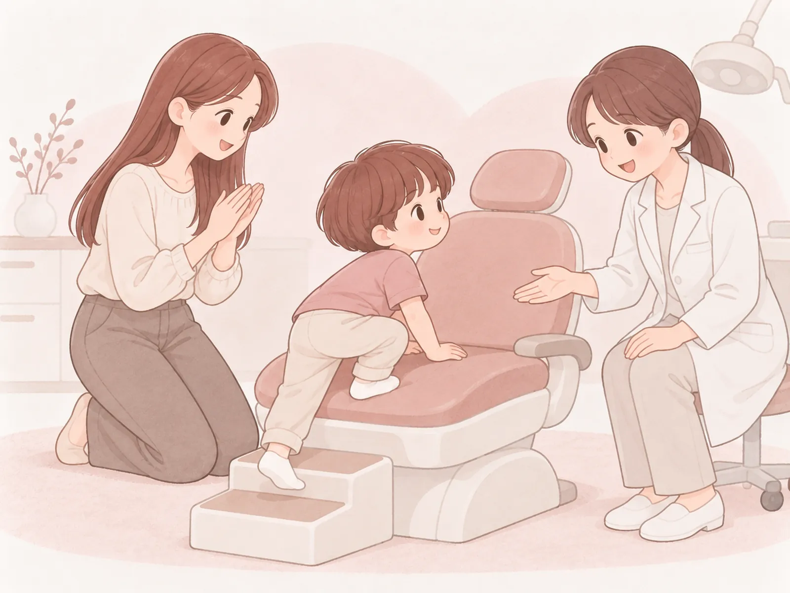 孩子自己坐上兒童診療椅、醫師和媽媽在旁鼓勵的插畫