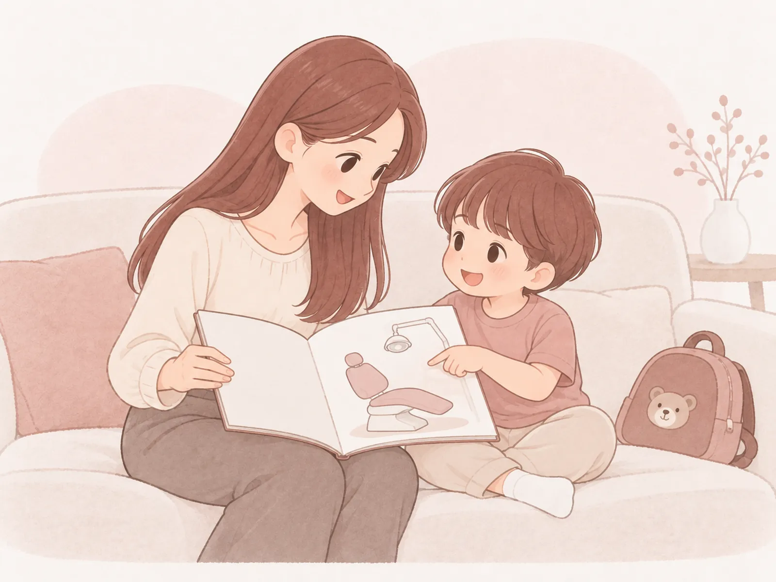 媽媽和孩子一起看圖畫書，預告看牙過程的插畫
