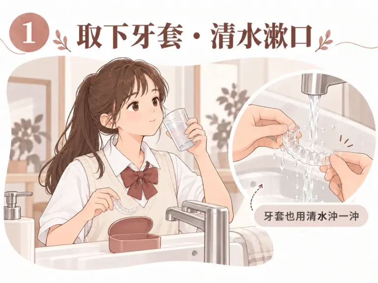 隱形矯正清潔插圖：女孩取下牙套後用清水漱口，旁邊示意用清水沖洗透明牙套