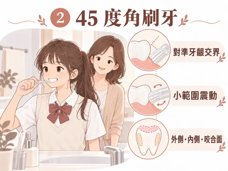 隱形矯正清潔插圖：女孩刷牙，旁邊呈現牙刷對準牙齦交界、小範圍震動及三個清潔面