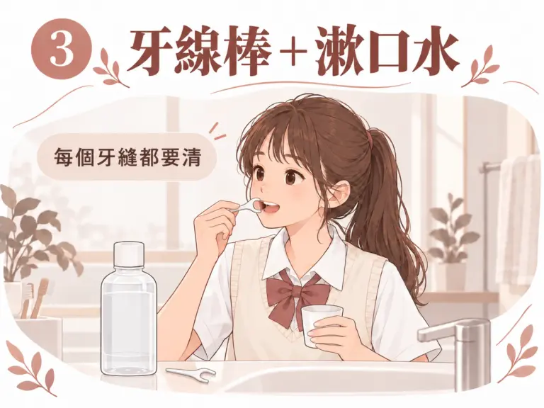 隱形矯正清潔插圖：女孩使用 F 字形牙線棒清潔牙縫，旁邊放有漱口水與小杯子