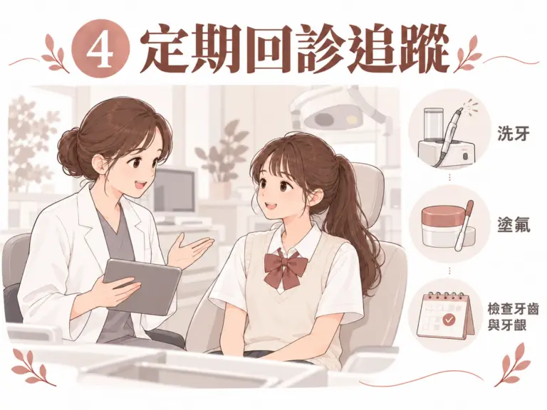 隱形矯正追蹤插圖：醫師與女孩交談，搭配洗牙、塗氟與回診月曆圖示