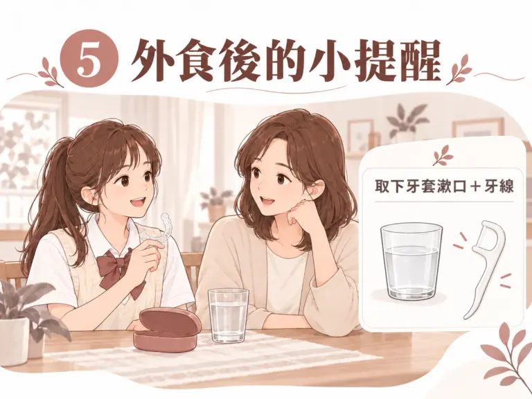 隱形矯正生活插圖：家長在家微笑關心女孩，便條卡呈現漱口杯及牙線棒