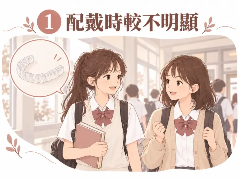 青少年隱適美衛教插圖：馬尾女孩與同學在走廊聊天，旁邊呈現透明牙套圖示