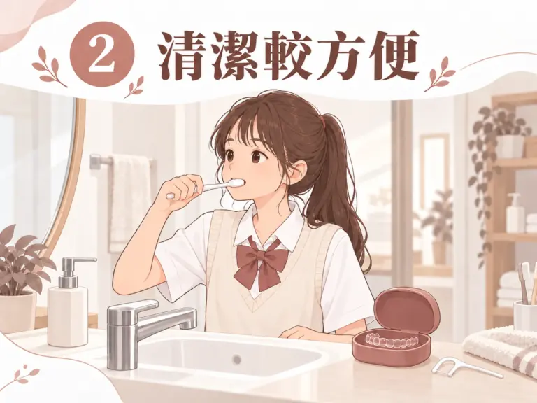 青少年隱適美衛教插圖：女孩在洗手台刷牙，透明牙套放在打開的牙套盒中，台面有牙線棒