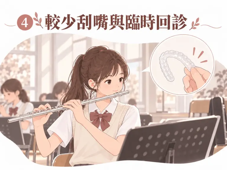青少年隱適美衛教插圖：女孩課後吹長笛，旁邊呈現邊緣圓滑的透明牙套圖示